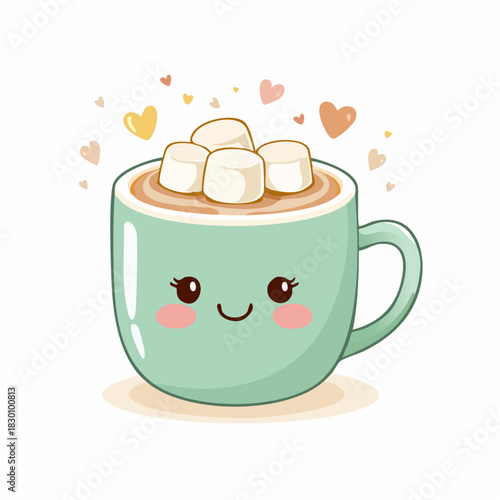Kawaii mug of hot cocoa with smiling marshmallows on top, pastel green and creams, soft rounded vector illustration, white background