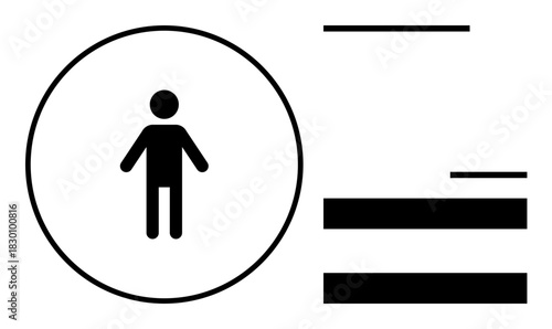 Figure inside a circle representing identity with horizontal lines for text areas. Ideal for user profiles, identity, organization, information, personal data, social accounts, simple flat metaphor
