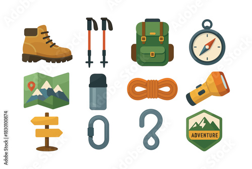 Outdoor adventure gear, camping equipment, flat vector illustration, hiking tools