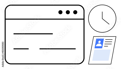 Time management concept. Elements include a web browser interface, a digital clock icon, and a profile card. Time management improves efficiency in identification systems. For productivity