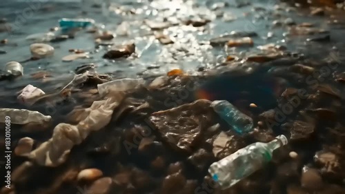 Polluted water with plastic and debris.