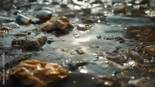 Polluted water with plastic waste.