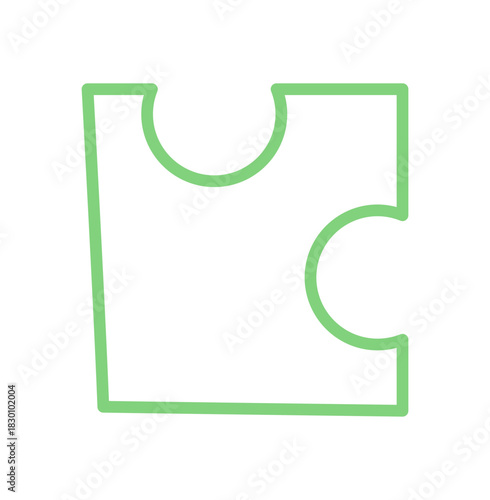 Flat silhouette of green jigsaw puzzle piece. Outline of a puzzle tile with clean edges. Conceptual boardgame element for hobby or table games, simple format, versatile for fun leisure activities.