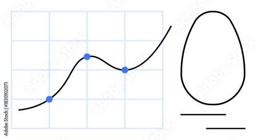 Graph with progressing line connecting data points and abstract egg shape. Ideal for growth tracking, data visualization, innovation, creativity, analysis, business strategy, simple flat metaphor