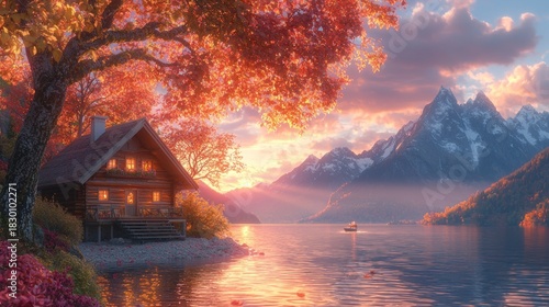 Autumn lake scene with cozy cabin, vivid trees, majestic mountains, and a glowing sunset