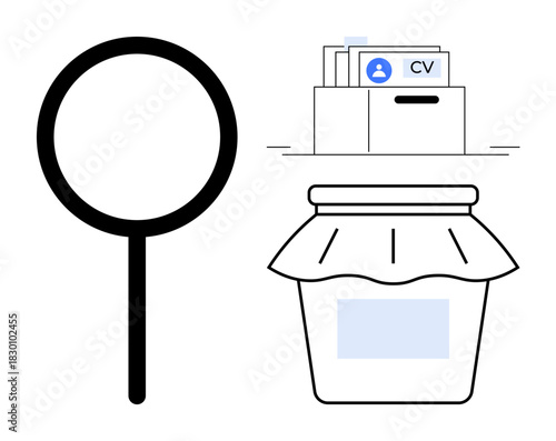 Job search concept. career exploration through a magnifying glass and resume file. Highlights navigation, job applications, and career planning. Ideal for recruitment, HR, employment resources