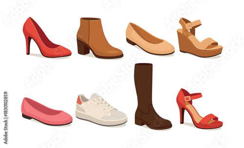 Shoe collection, heels, sneakers, boots and flats, flat vector illustration