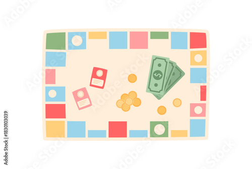 Flat boardgame with money, cards, and pawns. Vibrant tabletop activity with colorful pieces and playful design. Strategy fun concept for kids, parties, recreation.