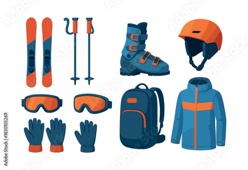 Ski equipment set, flat vector illustration with gear, winter sports outfit