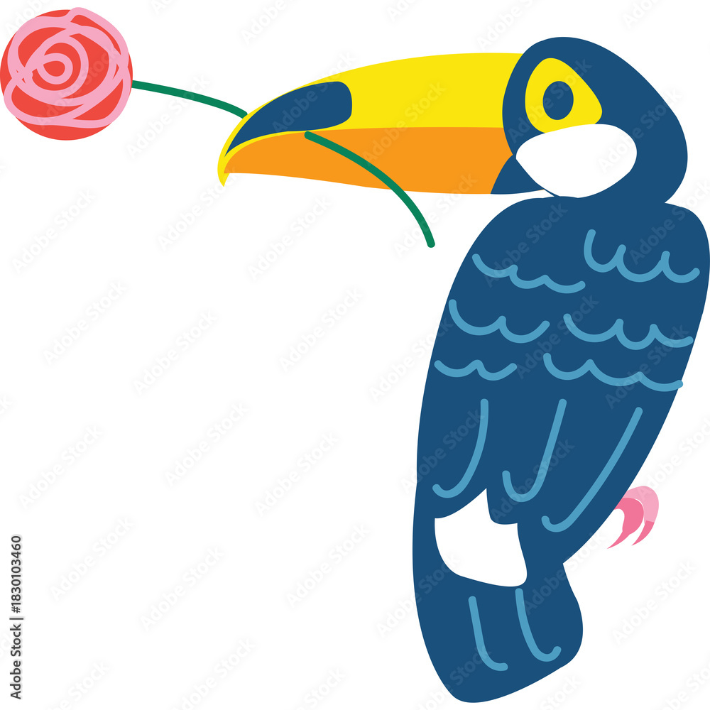 Obraz premium Stylized Toucan Bird With A Pink Rose In Its Beak Against A White Background Vector Illustration