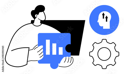 Data analysis theme. Visual of bar chart puzzle piece, human brain with growth arrows, and cog for workflows. Data analysis supports decision-making, problem-solving, and analytics. For business