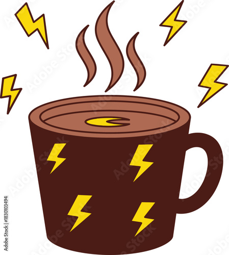 Brown mug with yellow lightning bolts and steaming hot chocolate Keywords: mug, cup, hot drink, coffee