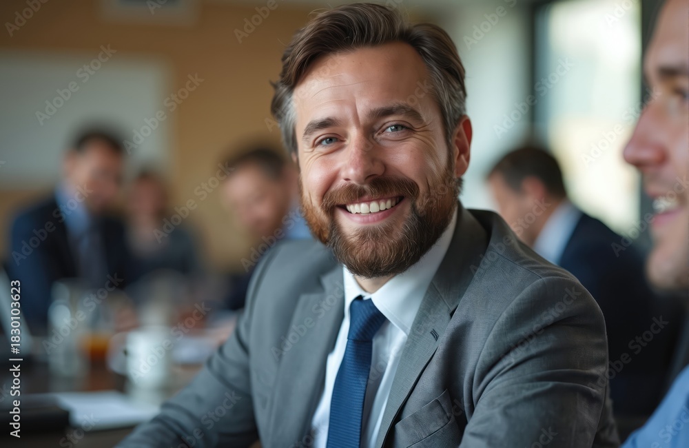 Fototapeta premium Happy business man attends team meeting. Office workers brainstorm in boardroom. Positive leader discusses new project plan with team. Smiling pro person listens to coworker at conference. Mature