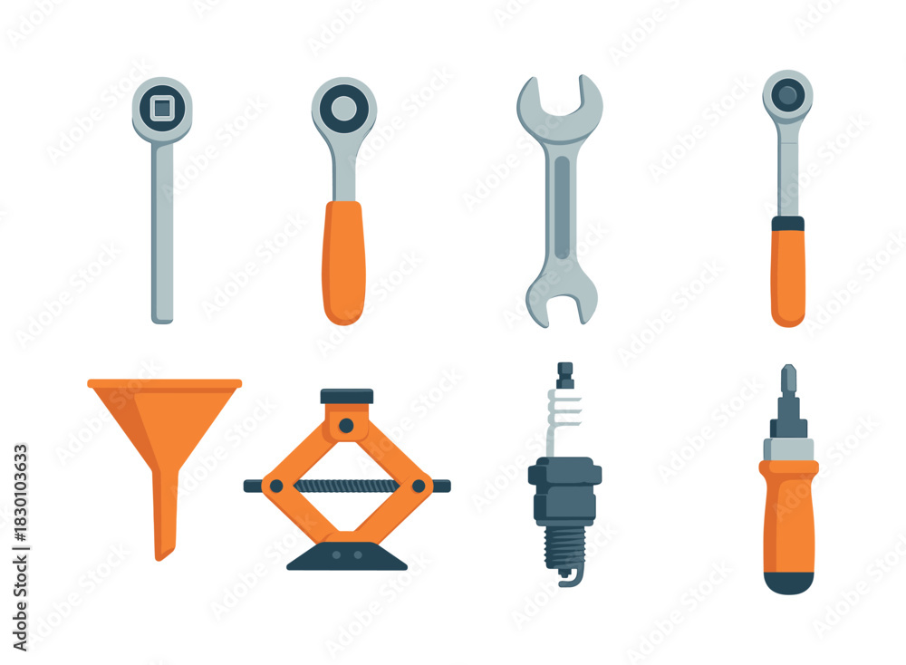 Obraz premium Automotive tools set, wrench, ratchet, flat vector illustration
