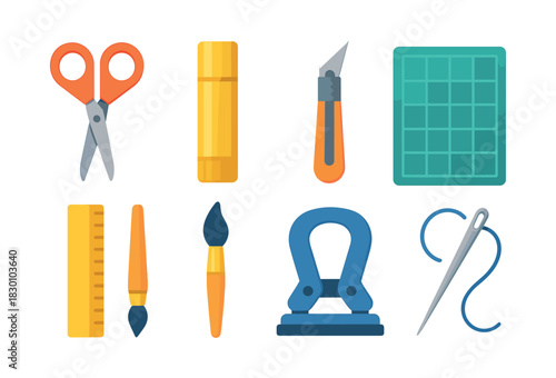 Art and craft tools, scissors, brushes, flat vector illustration