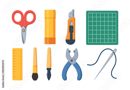 Craft tools, scissors and ruler set, flat vector illustration, art supplies