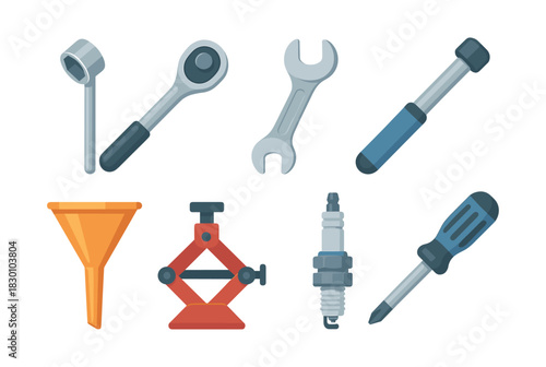 Automotive tool set, wrench, screwdriver, car repair, flat vector illustration