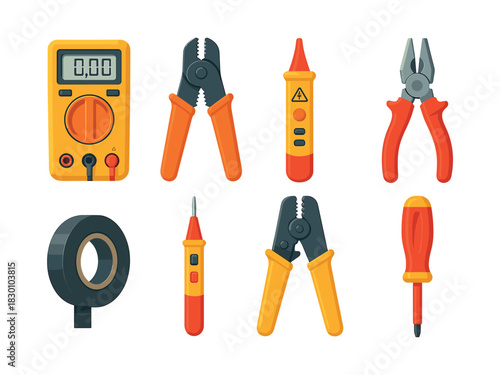 Electrical tools set, multimeter, pliers, screwdriver, flat vector illustration