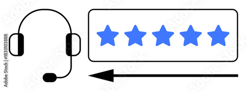 Customer service with a headset and five-star rating. Customer service is key to enhancing user satisfaction, building trust, and improving reputation. Useful for business, communication, support