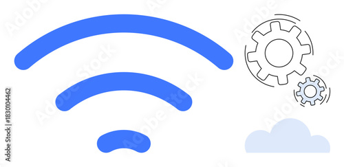 Blue wireless signal next to cloud and gear icons symbolizing wireless communication, cloud computing, and system automation. Ideal for technology, networking, innovation, data flow, IoT