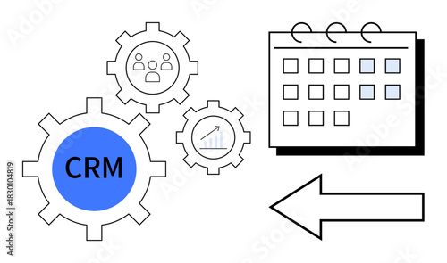 CRM gear symbol connected with team, statistics, and calendar icons, illustrating workflow optimization, data management, and scheduling. Ideal for business, organization, teamwork productivity CRM