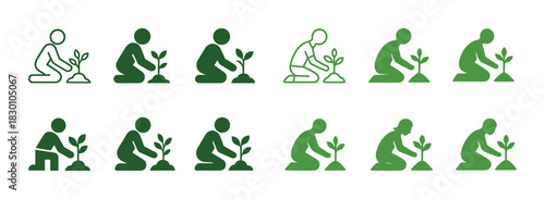 Diverse green human pictograms of people planting seedlings
