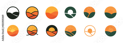 Abstract sunrise logos in round and oval shapes with earth tones