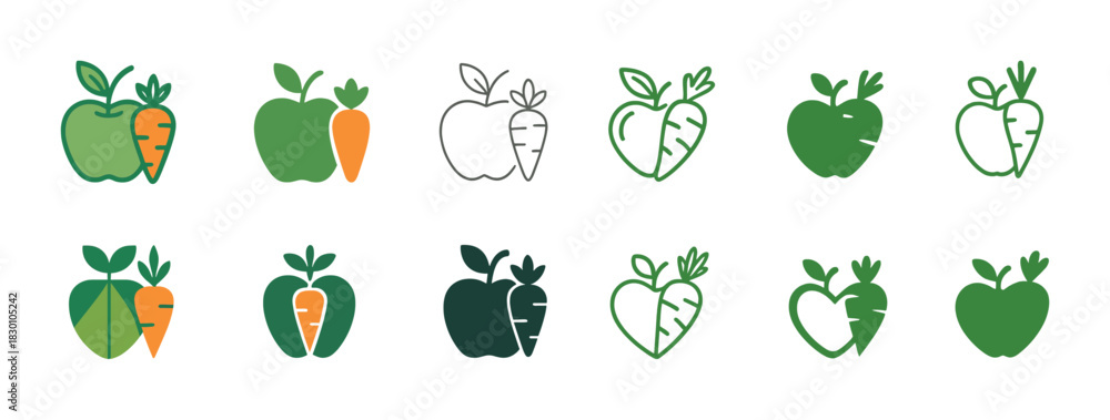 Obraz premium Green apple and carrot icon set with various styles and colors