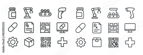 Pharmacy and automation icon set featuring medical and industrial symbols