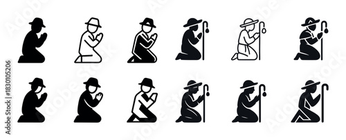 Silhouette icons of farmers in prayer and with walking sticks