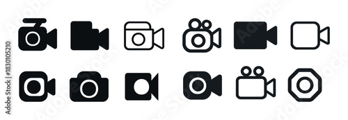 Variety of video camera icons in simple black and white design
