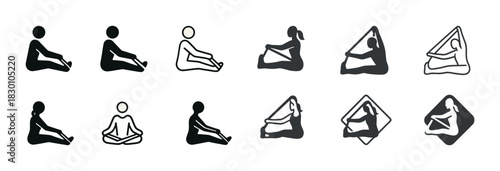 Collection of yoga and meditation pose icons in simple black and white design
