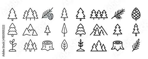 Minimalist black and white tree icons with nature elements