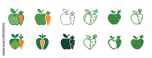 Green apple and carrot icon set with various styles and colors