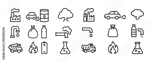 Climate and pollution icons: factories, cars, trees, waste, emissions