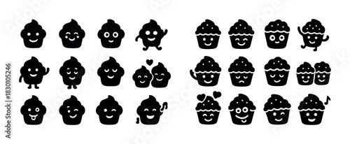 Cute smiley cupcake characters with various expressions and poses