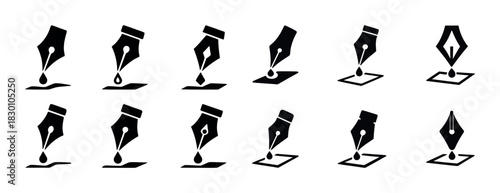 Set of iconic pen nib designs in various artistic styles