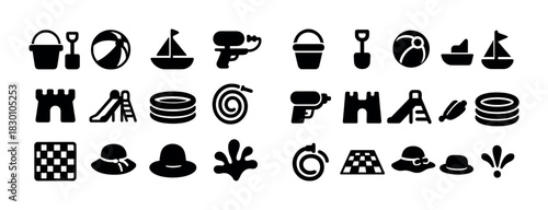 Summer beach icons: buckets, boats, water guns, pools, slides