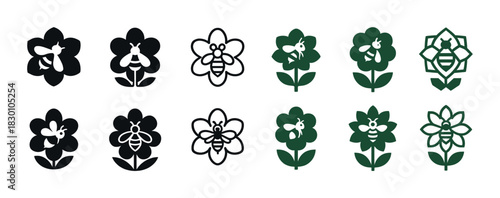 Bee and flower icon set in black and green - simple nature designs