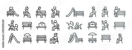 Icon set of people on benches and playgrounds with slides and tables