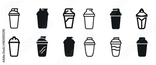 Set of twelve black and white shaker bottle icons in various designs