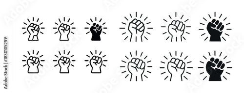 Raised fist icons in various styles and skin tones for solidarity and empowerment