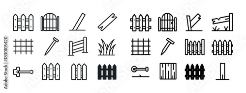 Diverse fence icon set: gates, pickets, broken, nails, grass