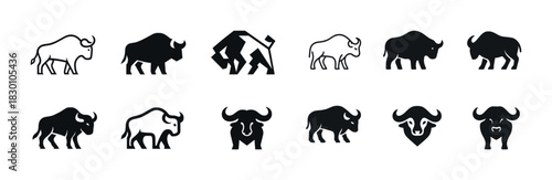 Set of stylized animal icons featuring buffalo and bison silhouettes