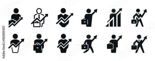 Business growth icon set featuring graph arrows and briefcase silhouettes