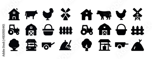 Farm icons collection: tractor, barn, animal, windmill, tree, tools