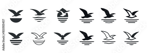 Minimalist black and white bird silhouette logos with waves and boats