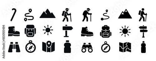 Collection of hiking and outdoor adventure icons in black and white