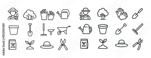 Gardening icon set: tools, plants, and equipment outline collection