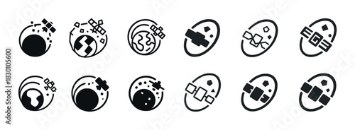 Black and white space icons featuring planets, satellites, and orbits in minimalist style